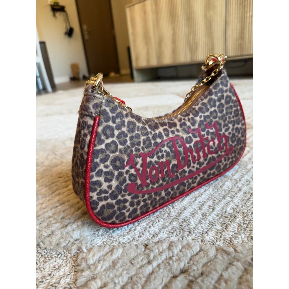 Von Dutch Leopard Print Shoulder Bag Red Trim Logo Baguette Purse Gold Hardware‎